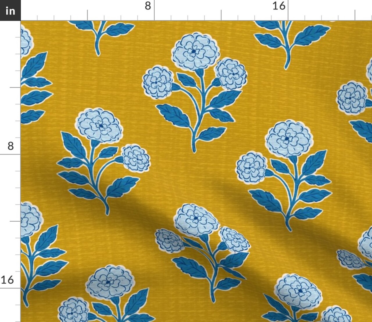 Yellow Floral Blue Block Print Marigold Flowers Hand Drawn Modern Botanical Faux Texture Custom Printed Fabric by Spoonflower Various Fabrics by the Yard or Fat Quarter